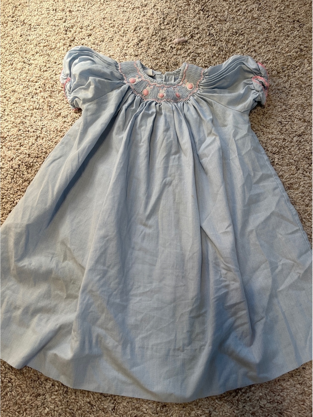 Vintage Baby Girl Blue Smocked Dress with Pink Embroidery